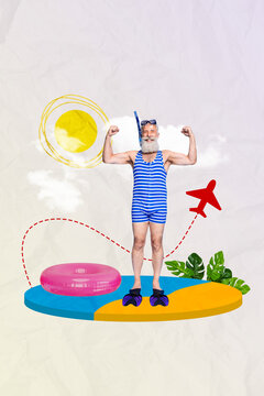 Collage vertical 3d pop pinup advert banner image of funky sportive strong guy showing arms have fun free time enjoy sunny weather