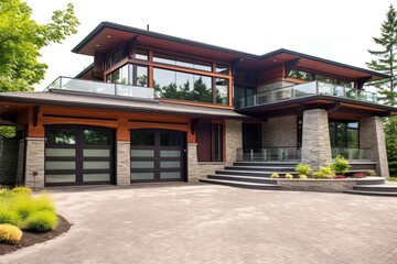 Fototapeta premium Innovative Design: Splendid New Construction House with Double Garage, Coral Siding, and Natural Stone Elements, generative AI
