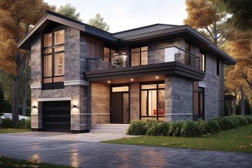 Fototapeta na wymiar Bronze Siding and Natural Stone Elements Complete Splendid Fresh Construction House with Innovative Design and Double Garage, generative AI