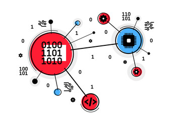 Fototapeta premium Programming and computer pc engineering vector illustration, repairing and fixing bugs, coding app on pc.