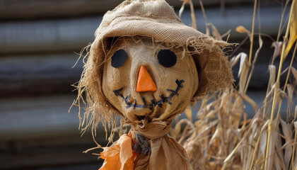 Halloween scarecrow pumpkin head, macro, closeup, Generative AI
