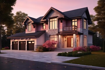Fototapeta na wymiar Innovative Design and Natural Stone Elements Highlight Splendid Fresh Construction House with Double Garage and Pink Siding, generative AI