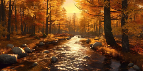 Colorful trees and autumn landscape in forest. autumn colors in the forest. colorful leaves of autumn in nature. autumn season. bright light of the sun in the autumn forest. Generative AI.