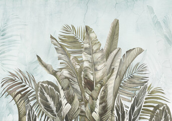 Huge banana leaves. Grunge photo wallpaper on the crack concrete wall. Illustration for wallpaper, fresco, mural. Modern, loft style. © lucja_lusilas.pl