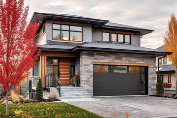 New Dwelling with Innovative Layout, Single Car Garage and Striking Light Green Siding, Complemented by Natural Stone Cladding, generative AI
