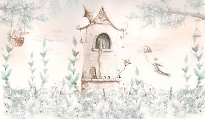 The princess in the tower in soft pink colours. llustration for wallpaper, mural, card, dpoter, interior decoration. Kids room. - obrazy, fototapety, plakaty