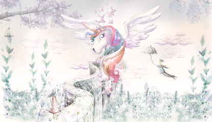 Rainbow Pegasus.  llustration for wallpaper, mural, card, dpoter, interior decoration. Kids room. - obrazy, fototapety, plakaty