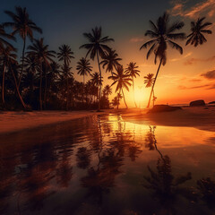 夕暮れ時のココナッツの木がある美しいビーチGenerativeAI