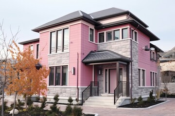 'Innovative Layout and Natural Stone Cladding Define Striking New Development Dwelling with a Single Car Garage and Unique Pink Siding', generative AI