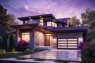 Innovative Layout and Striking Features of a Modern Dwelling with Single Car Garage and Eye-Catching Purple Siding and Natural Stone Cladding, generative AI