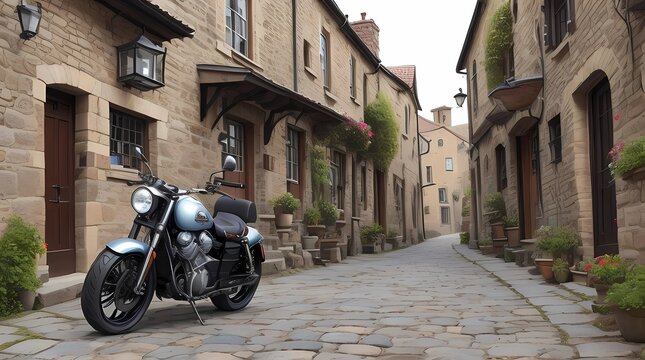 A powerful heavy bike adorned with modern lights in the heart of an old village.