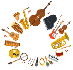Music orchestra different instruments frame vector flat illustration, live sound concert or festival, musical band or orchestra playing and singing songs, elements can be used separately. © Sylverarts