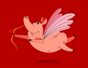 Funny cartoon pig with wings bow and arrow flying and shooting like a Cupid vector illustration, valentine love animal character swine drawing.