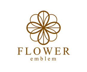 Flower in geometric linear style vector emblem isolated on white background, blossoming flower hotel or boutique or jewelry logo, sacred geometry design element.