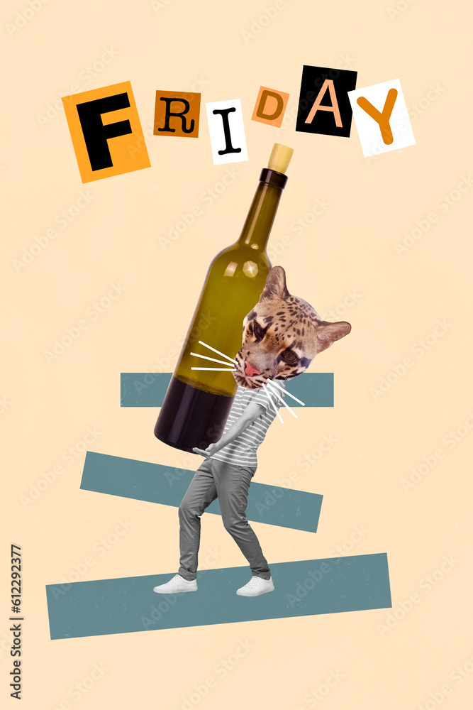 Sticker Vertical creative composite photo concept collage of headless man cat instead of head pull bottle on weekend isolated painted background