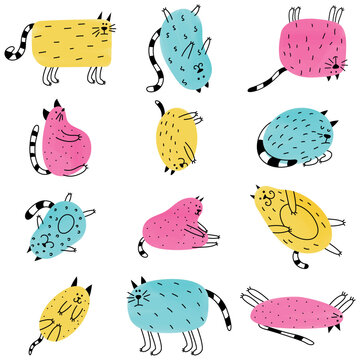 Funny fat cats. Cool clipart collection. Set of simple stylish elements for product packaging design. Cute vector illustrations for prints on clothes and notebooks. Drawings in children's style.