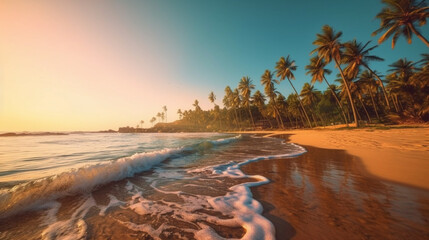 朝、ヤシの木が生い茂る美しいビーチで、平和で穏やかな海の波GenerativeAI