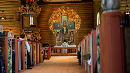 Ancient altar in a Norwegian church during mass 