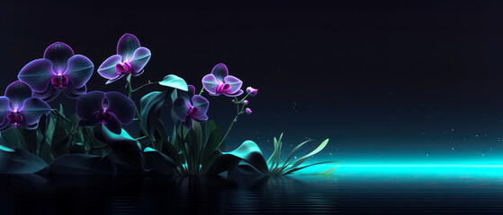 Plakat Dark orchids at night in water. Neon color palette. 21 to 9 aspect ratio. Generative AI