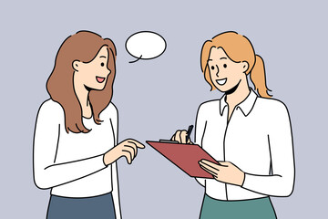 Smiling female interview with folder talk with passerby on road. Happy woman conduct survey on street. Poll and questionnaire. Vector illustration. 