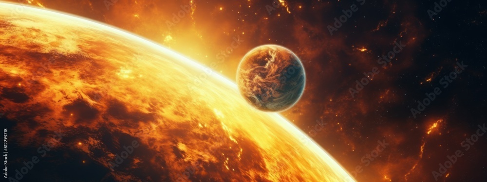 Wall mural table collision of planets absorption of the planet by the sun banner poster planet sun mars in spac