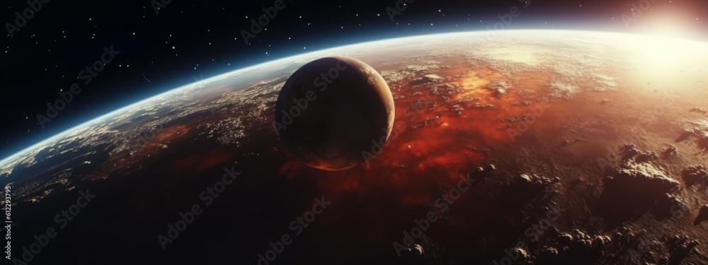 Wall mural collision of two planets banner poster planet moon mars in space on a dark background cinematic phot