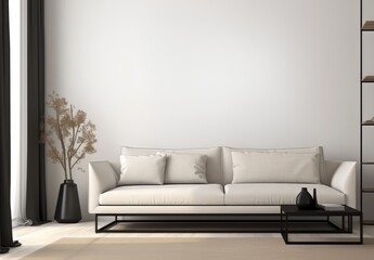 Modern living room interior with sofa. Empty wall. Generative AI.