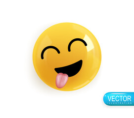 Emoji face funny shows tongue. Realistic 3d design. Emoticon yellow glossy color. Icon in plastic cartoon style isolated on white background. Vector illustration