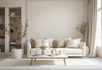 Fototapeta na wymiar Modern living room interior with sofa with table. Empty wall. Generative AI.