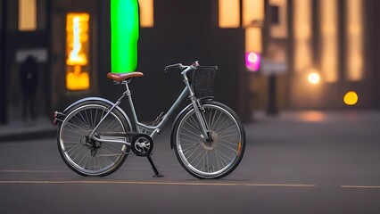 bicycles in the city, The bike itself should be stylish and sleek, with a modern design and reflective surfaces that catch and enhance the surrounding light