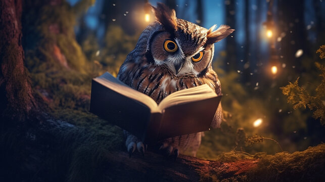 夜、木の上で本を読むフクロウ、学習と知識のコンセプトGenerativeAI