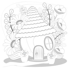 Cartoon fairytale apple house with tiles roof,  flowers, leaves, branches. Coloring book page for adults. Vector illusrtation