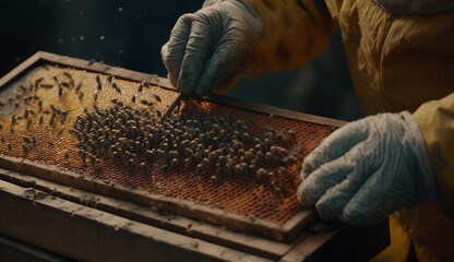 bees hive frame, collecting honey. generative AI