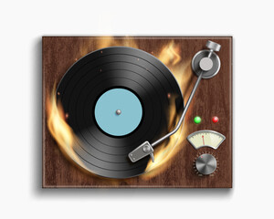 Vintage record player with burning retro vinyl disc. Object isolated on white background. vector illustration.