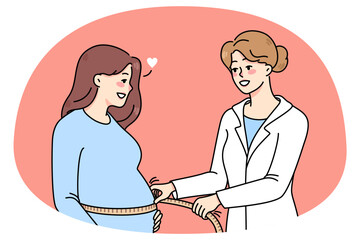 Caring nurse measuring pregnant woman belly with tape. Gynecology doctor do checkup of future mom during appointment in clinic. Healthy pregnancy concept. Vector illustration.