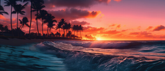 cloudy orange sunset with tropical beach and palm trees web banner generative ai
