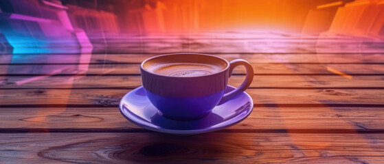 cup of coffee with orange and yellow neon background on wooden table generative ai