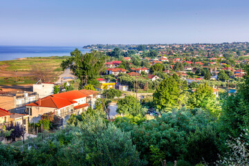 Fototapeta na wymiar Aerial view of the village with seascape on the Sithonia peninsula in Halkidiki, Greece