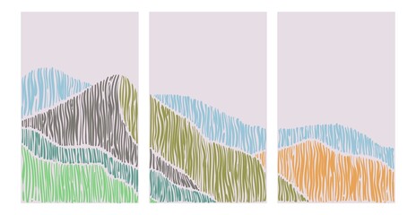 Set of cards with natural landscape with line pattern. Abstract artistic background. Image of mountains, forests