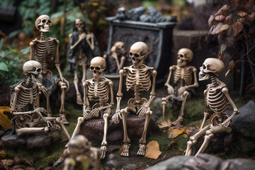 A group of skeletons sitting in a graveyard, Halloween concept, Generative AI - obrazy, fototapety, plakaty