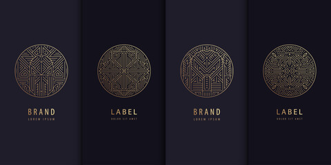 Vector set of golden label design patterns. Circle art deco logos, cosmetic, chocolate, tea, wine package. Luxury royal style, vintage fancy signs, premium design. - obrazy, fototapety, plakaty