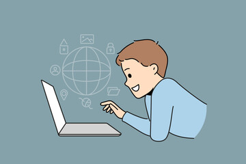 Little boy child browsing internet on laptop. Smiling kid using computer surfing on websites. Children and technology. Vector illustration. 