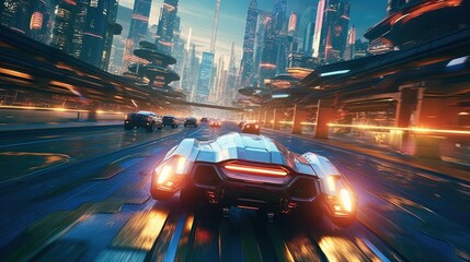 Action packed scene featuring a thrilling chase sequence between futuristic hover cars, with neon trails and high speed maneuvers through a futuristic city