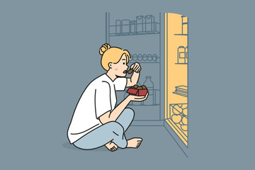Woman sit on floor near fridge eating at night. Hungry girl near refrigerator suffer from eating disorder. Diet and nutrition problem. Vector illustration. 