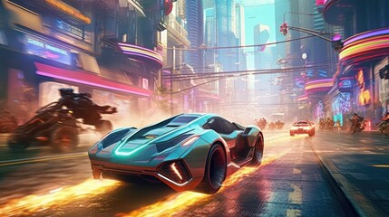 Action packed scene featuring a thrilling chase sequence between futuristic hover cars, with neon trails and high speed maneuvers through a futuristic city - obrazy, fototapety, plakaty
