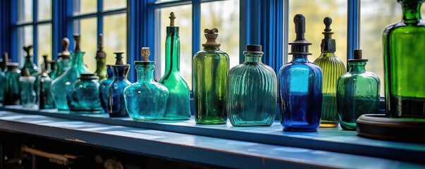 Hand made glass bottles and jars on a counter in front of a window. Glass craft atelier or glass workshop. Handmade glass containers in blue green.  hand edited generative AI.  