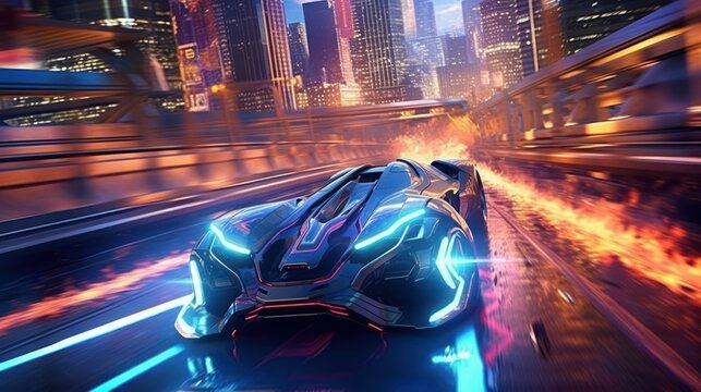 Action packed scene featuring a thrilling chase sequence between futuristic hover cars, with neon trails and high speed maneuvers through a futuristic city