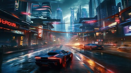 Fototapeta na wymiar Action packed scene featuring a thrilling chase sequence between futuristic hover cars, with neon trails and high speed maneuvers through a futuristic city