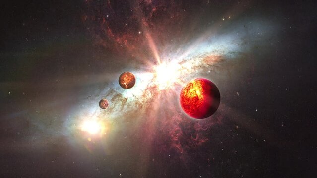 Abstract outer space view Unidentified alien planet with The Magnificent Starburst Galaxy M82 in distant universe background animation abstract Sci Fi galaxy cinematic title