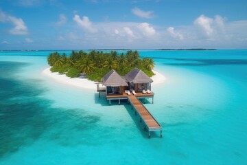 Amazing drone view of the beach and water with beautiful colors. luxury tropical resort or hotel with water villas and beautiful beach scenery. maldives, summer vacation, resort maldivian houses.